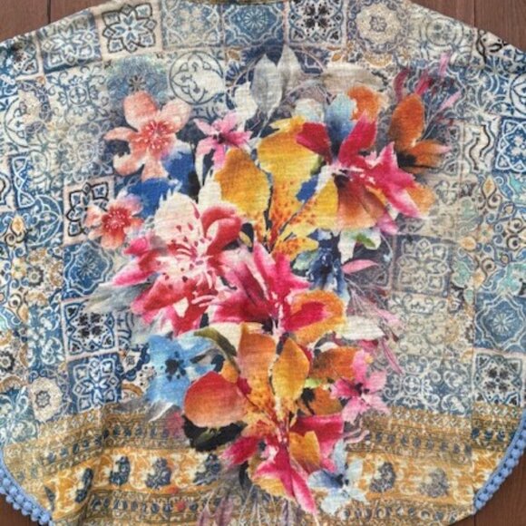 french BLUE Floral decorative top PONCHO Tie front POMPOM edging Sz S preowned - Picture 5 of 8